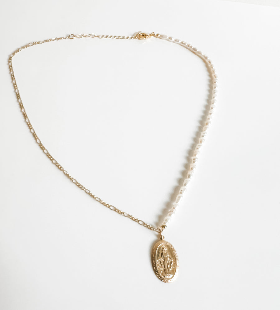 Pearl and Figaro chain Mary necklace