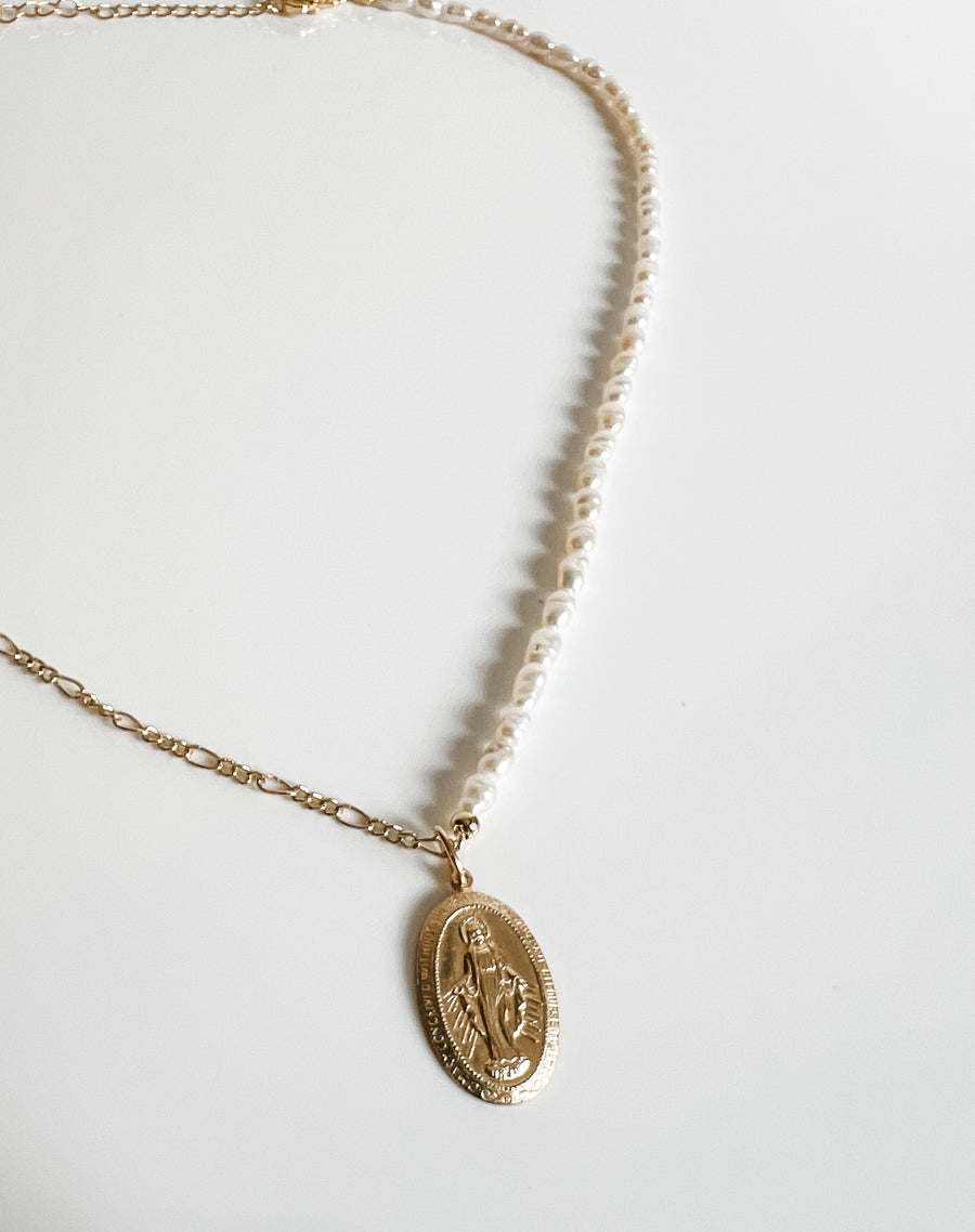 Pearl and Figaro chain Mary necklace